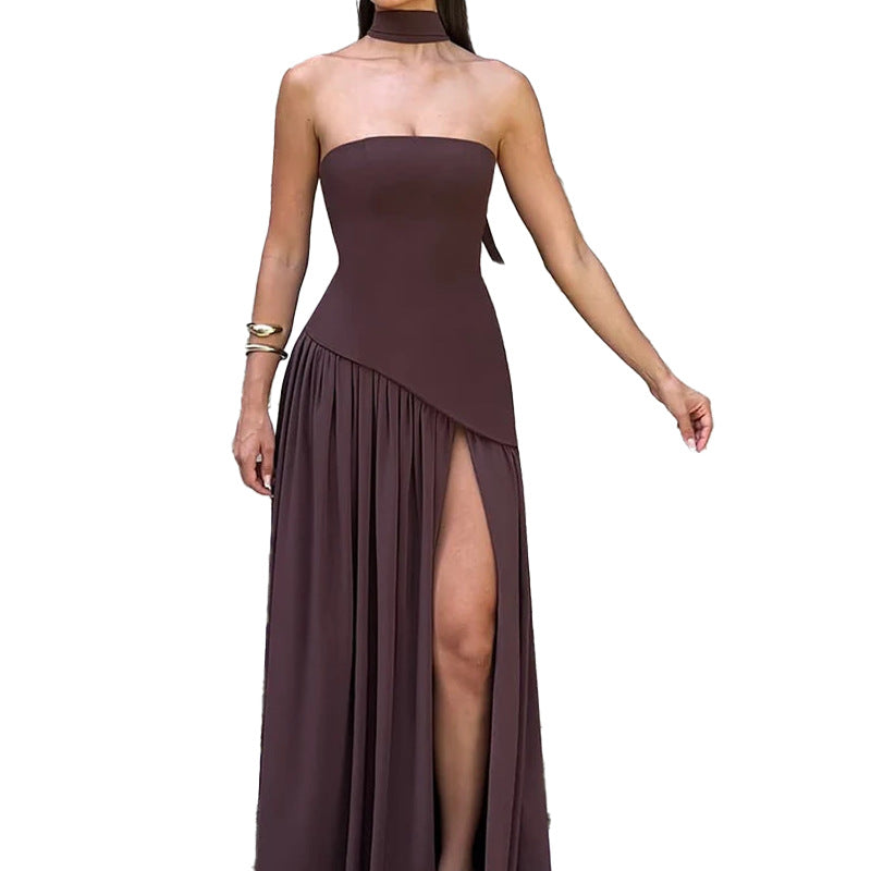 Damen Maxikleid mit trägerlosem Oberteil und hohem Schlitz W&W Mode