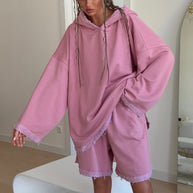 Damen sportlicher Oversized Hoodie mit fransigen Details und Shorts-Set WW