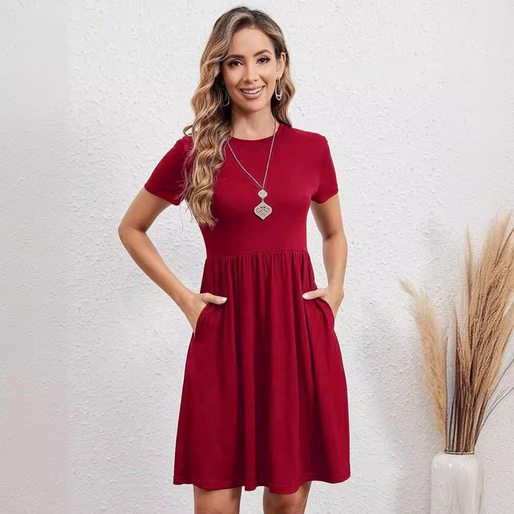 W&W Mode | Elastischer Bund Gestricktes Rundhalsausschnitt Kurzarmkleid
