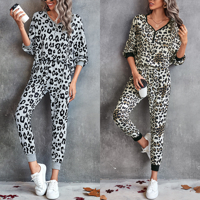 Damen Leo-Print Jogginganzug mit breitem Taillenbund und modischen Bündchen WW