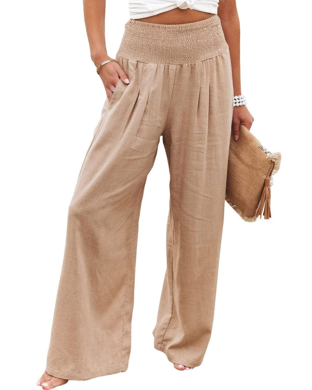 Damen Weite Leinenhose mit elastischem Bund und Falten W&W Mode