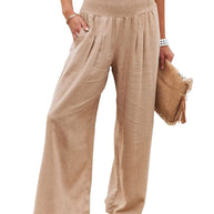 Damen Weite Leinenhose mit elastischem Bund und Falten WW