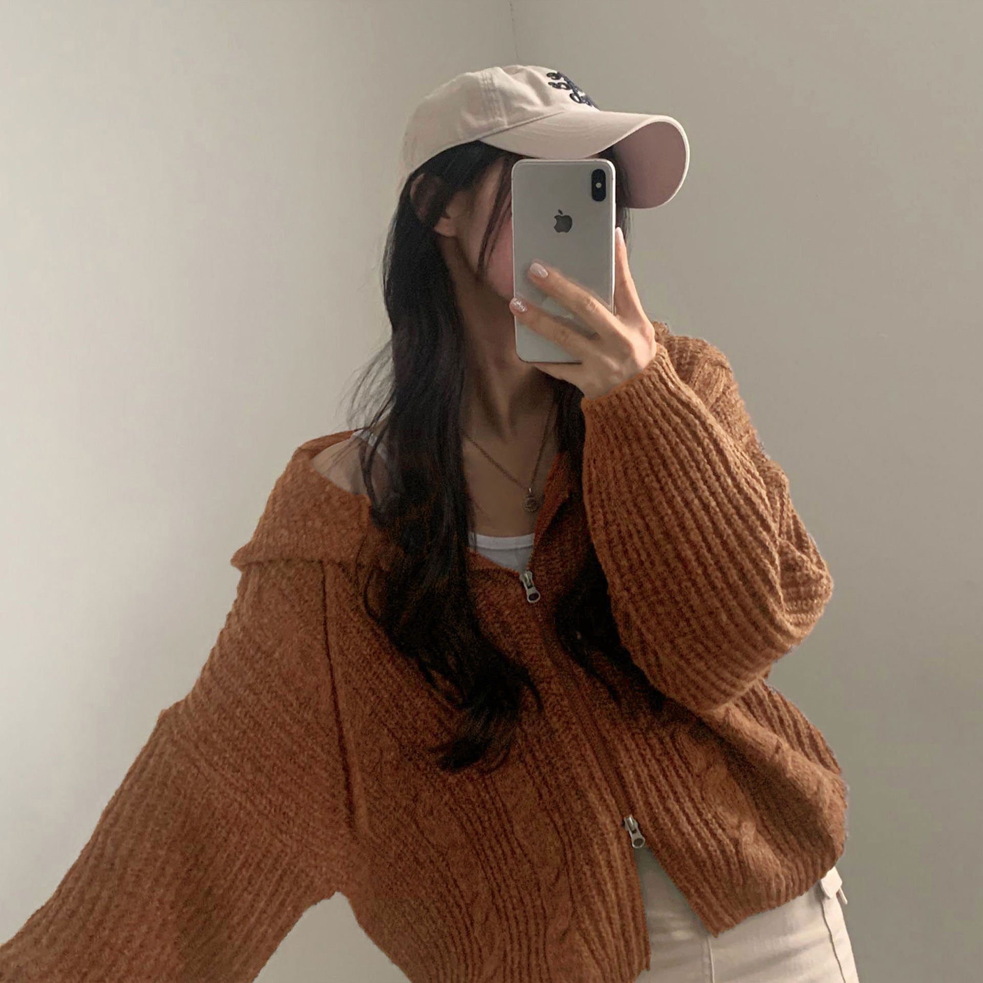Damen Bequemer Strickjacke mit Kapuze und Reißverschluss WW