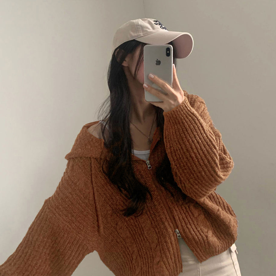 Damen Bequemer Strickjacke mit Kapuze und Reißverschluss WW