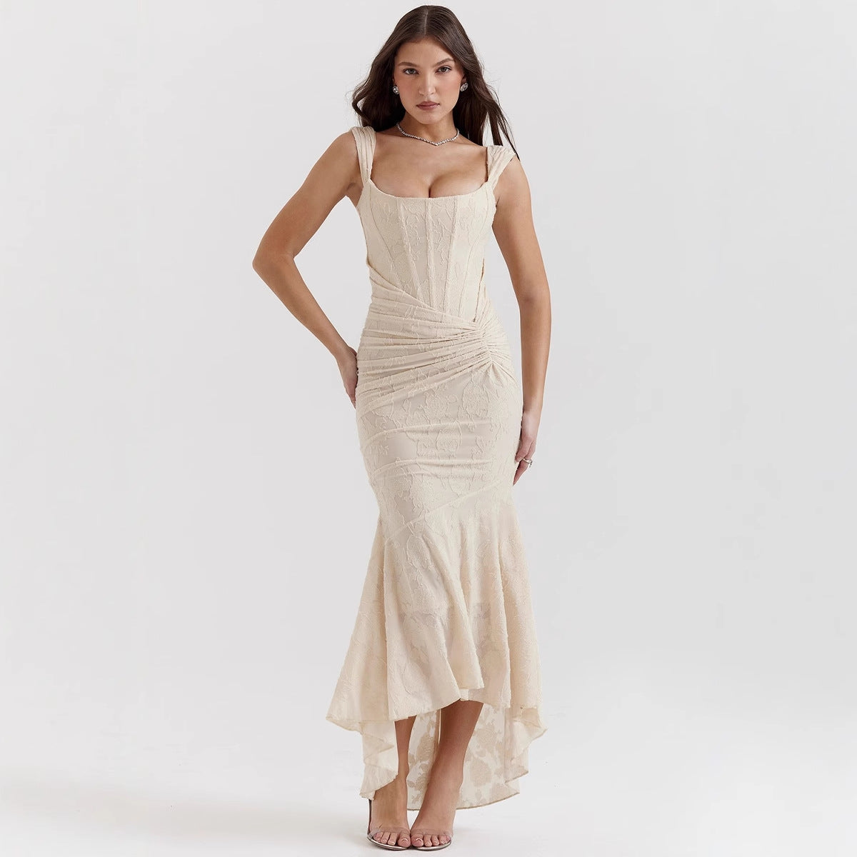 Damen Elegantes Maxikleid mit floralem Relief und asymmetrischem Saum WW