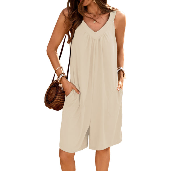 Damen ärmelloses Jumpsuit mit tiefem V-Ausschnitt und praktischen Taschen WW