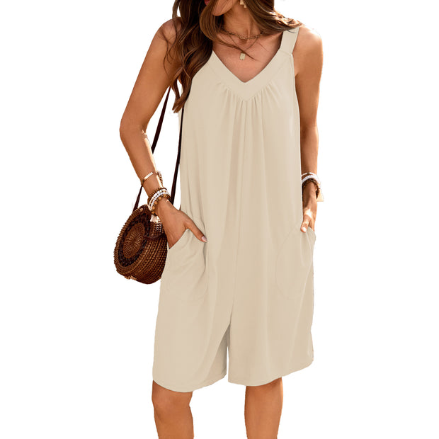 Damen ärmelloses Jumpsuit mit tiefem V-Ausschnitt und praktischen Taschen WW