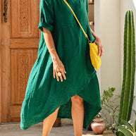 Damen asymmetrisches Sommerkleid aus Leinen mit gerafftem Saum WW