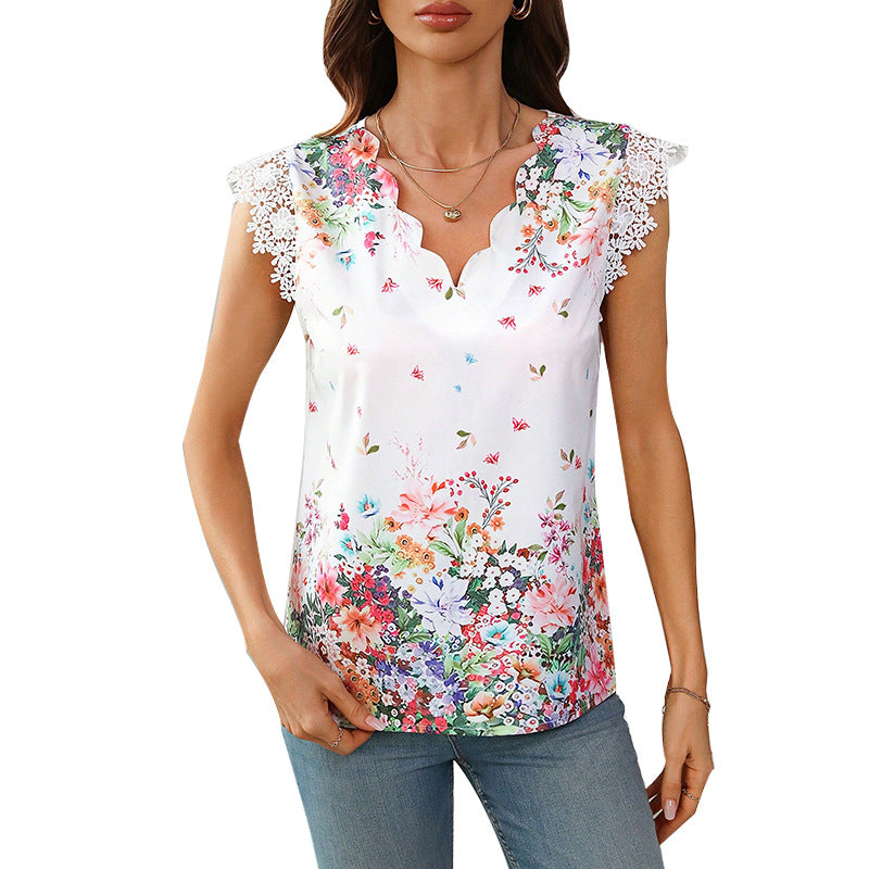 Damen Bluse mit floralem Design und elegantem Spitzenärmel WW