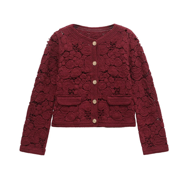 Damen Strickjacke aus feiner Spitze mit dekorativen Knopfdetails und eleganter Silhouette WW