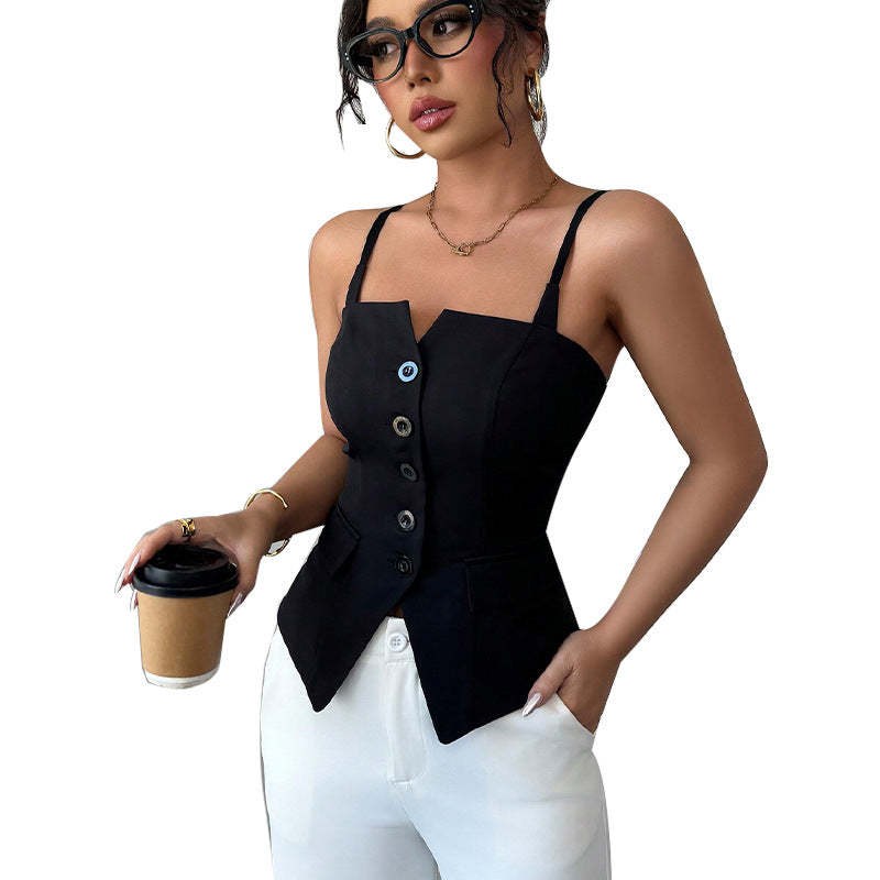 Damen ärmelloses Blusentop mit tailliertem Schnitt und Knopfdetails WW