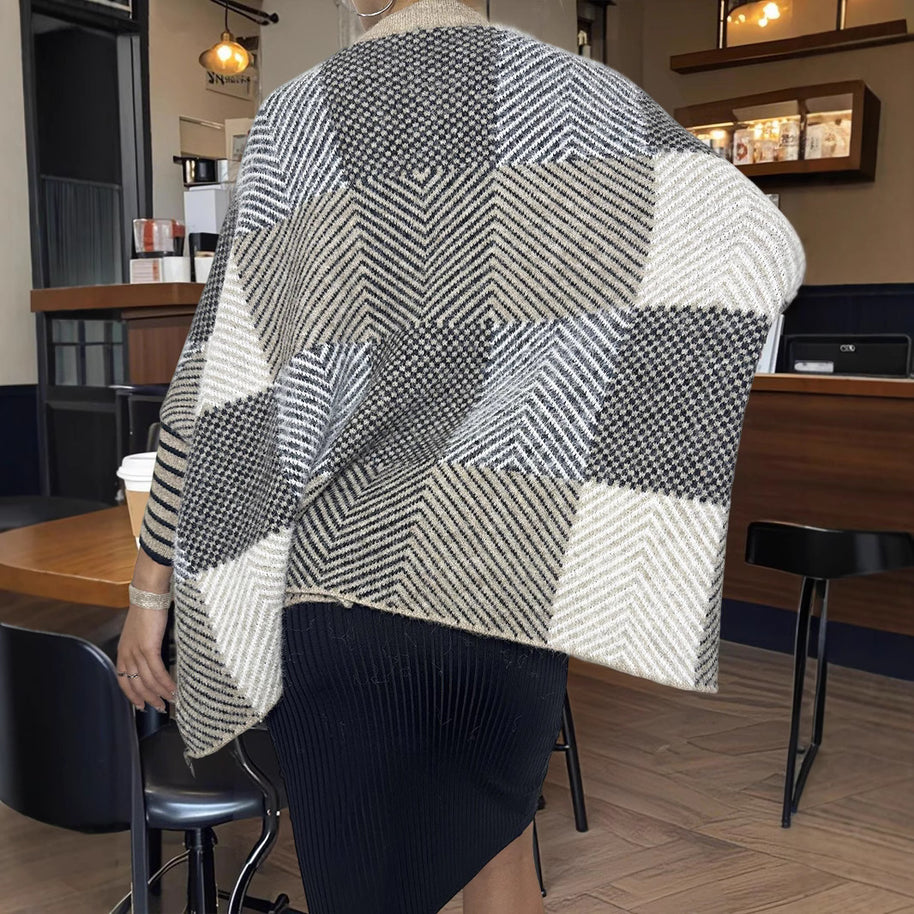 Damen asymmetrischer Strickpullover mit Zickzackmuster WW
