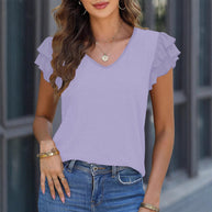 Damen V-Ausschnitt T-Shirt mit Rüschendetails und weich fließendem Stoff WW