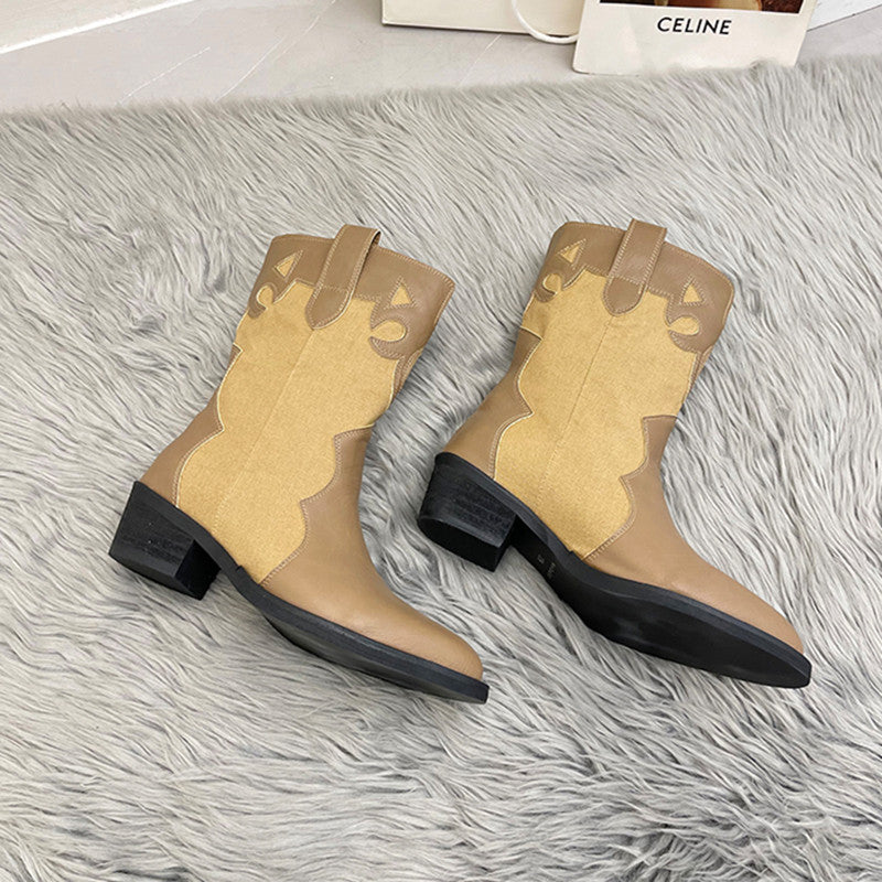Damen Stiefeletten im Cowboy-Stil mit einzigartigem Design und kompaktem Absatz WW