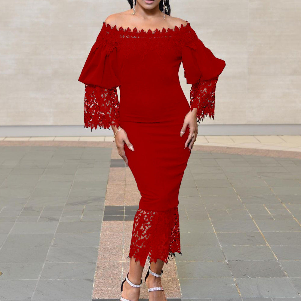 Damen Kleider im Off-Shoulder-Stil mit Spitzenärmeln und figurbetontem Schnitt WW