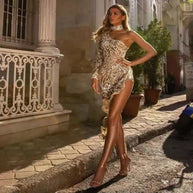 WW | Damen Flirty Sheer Mini Dress mit Schimmernden Silbernen Spitzen Details