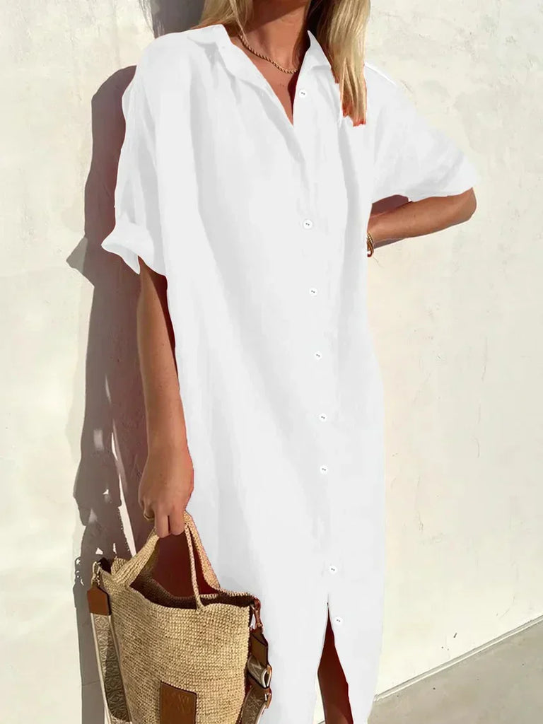 WW | Knopfkleid mit Weitem Ausschnitt und Schmalen Ärmeln, Elegant und Locker, für Frauen Baumwoll- und Leinenkleider