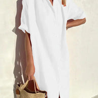 WW | Knopfkleid mit Weitem Ausschnitt und Schmalen Ärmeln, Elegant und Locker, für Frauen Baumwoll- und Leinenkleider