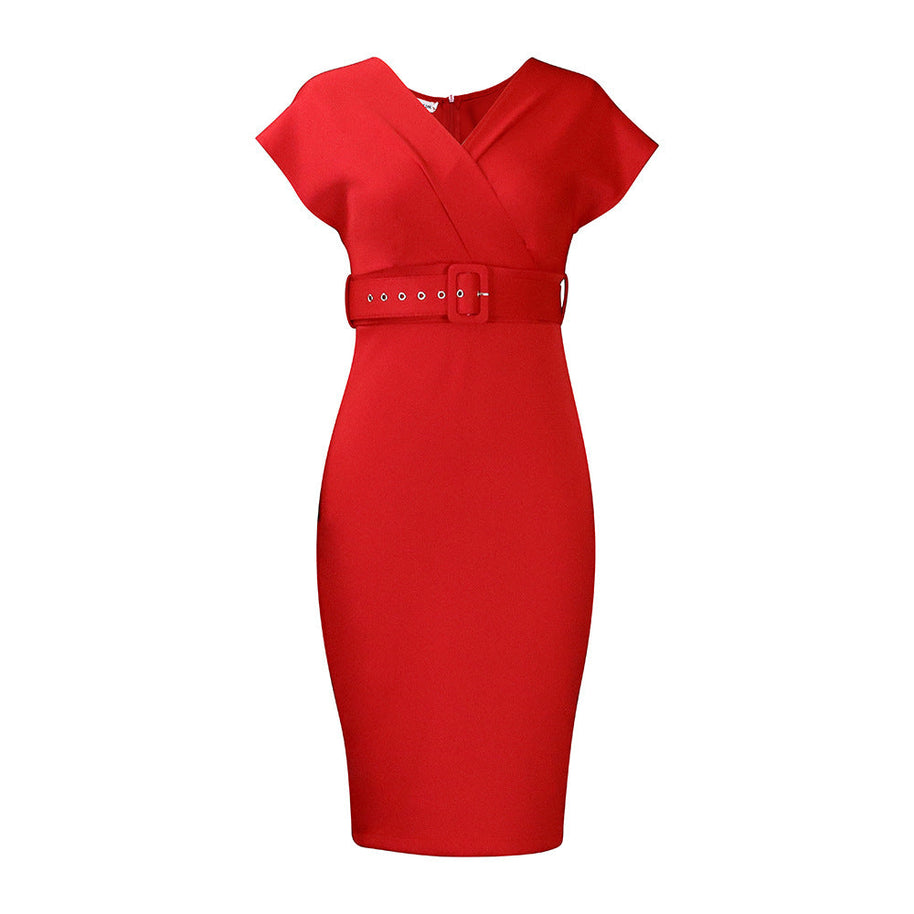WW | Damen V-Ausschnitt Figurbetontes Midi Kleid mit Gürtel