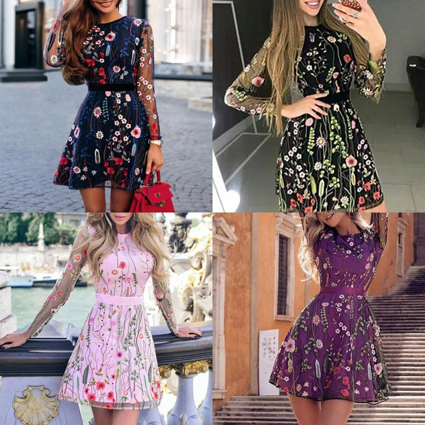 Damen Elegantes Kleid mit floraler Bestickung und transparenten Ärmeln WW