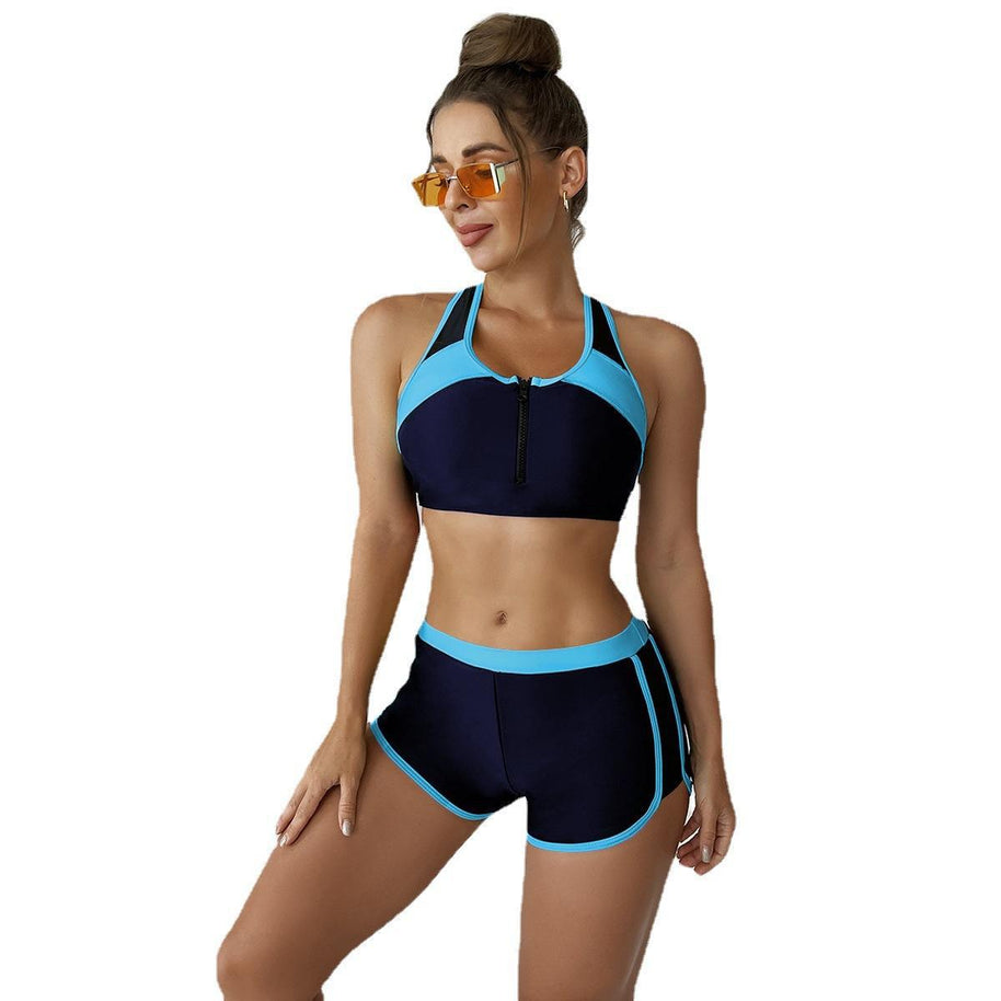 Damen Sport-Bikini-Set mit modischem Reißverschluss und kurzen Hosen WW