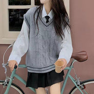 Damen Strickpullover mit V-Ausschnitt und geometrischem Zopfmuster WW