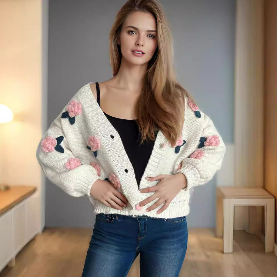 Damen Strickjacke mit floralen Applikationen und knöpfbarem Design WW