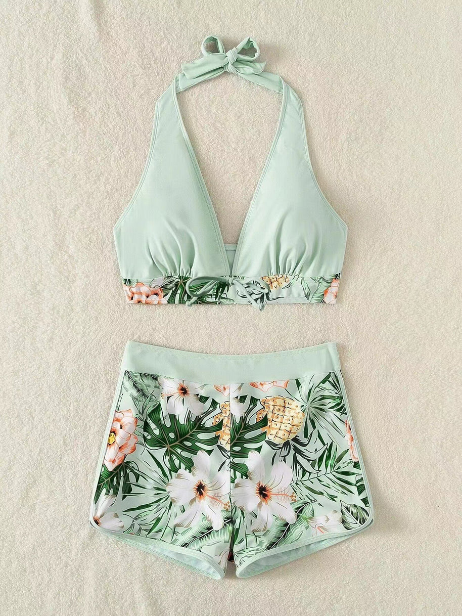 Damen Sportliches Bikini-Set mit geflochtenem Oberteil und gemusterter Shorts WW