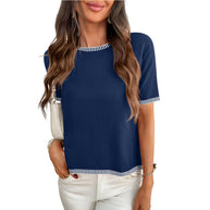 Damen schlichtes Kurzarmshirt mit feinen Kontraststreifen WW