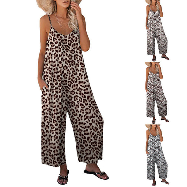WW | Leopard-Print-Tasche Lockerer Träger Einteiler Overall