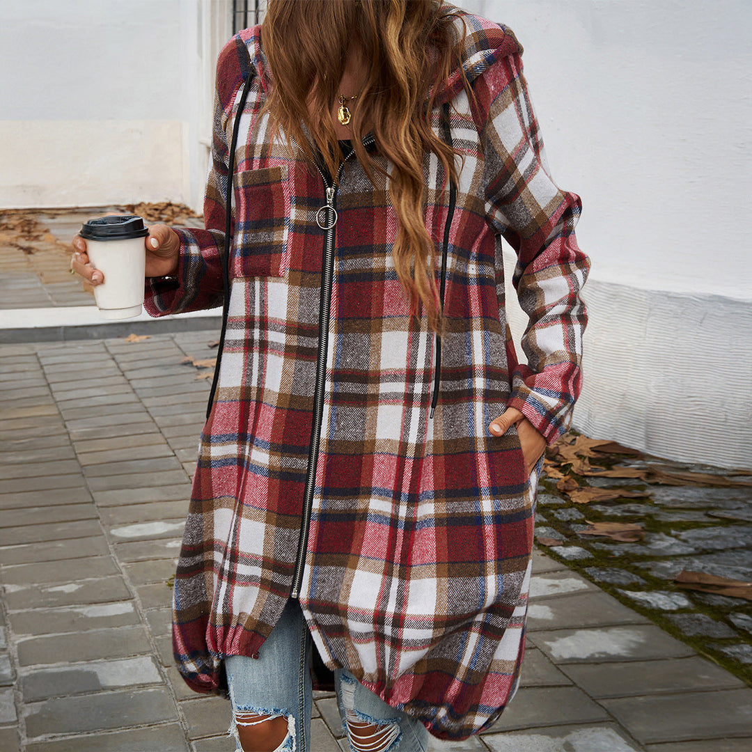 Damen Karierte Longjacke mit Kapuze und Taschen W&W Mode