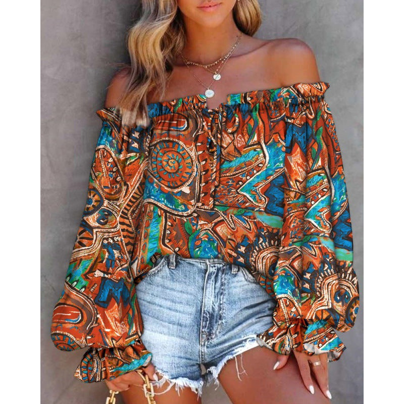 Damen Off-Shoulder Bluse mit buntem Muster und elastischem Saum WW