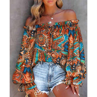 Damen Off-Shoulder Bluse mit buntem Muster und elastischem Saum WW