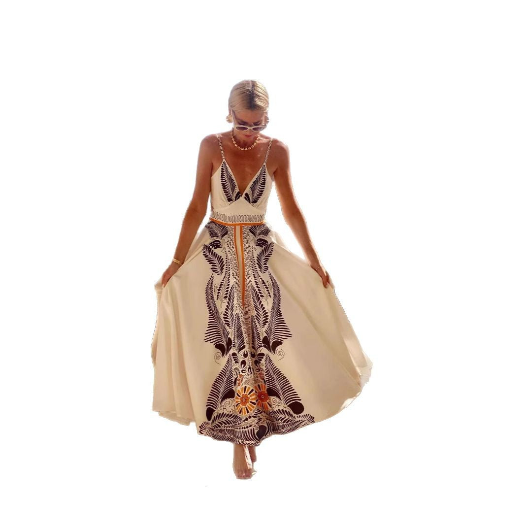 Damen elegantes Sommermaxikleid mit kunstvollem Blattmuster WW