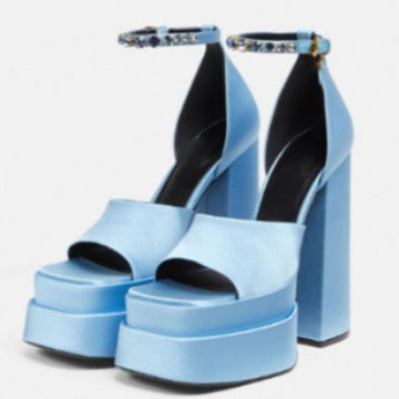 Damen Plattform Peep-Toe High Heels mit Strass Knöchelriemen WW