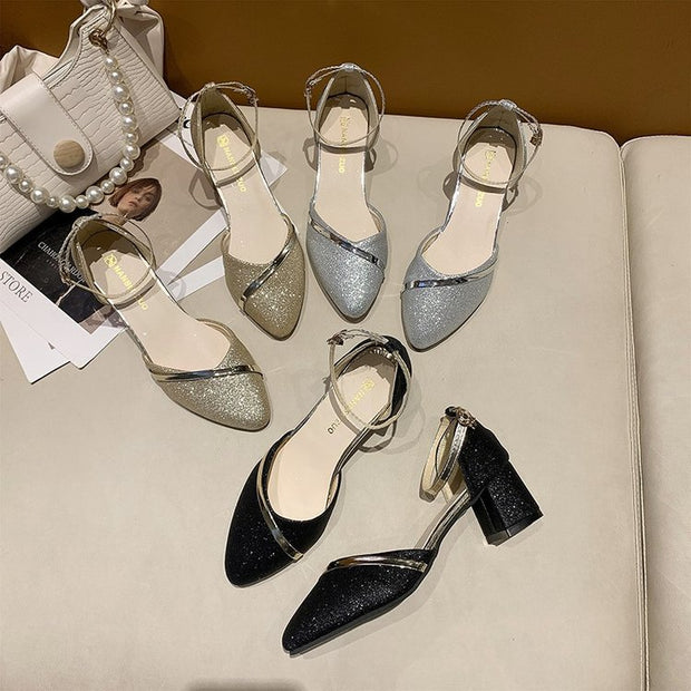 Damen elegante Schlupf-Pumps mit transparentem Riemchen und modischem Glitter W&W