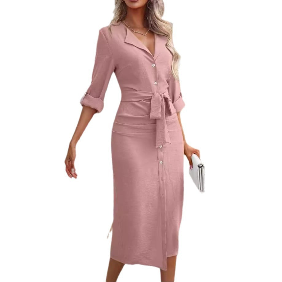 Damen Hemdblusenkleid mit Bindegürtel und knöpfbarem Detail WW