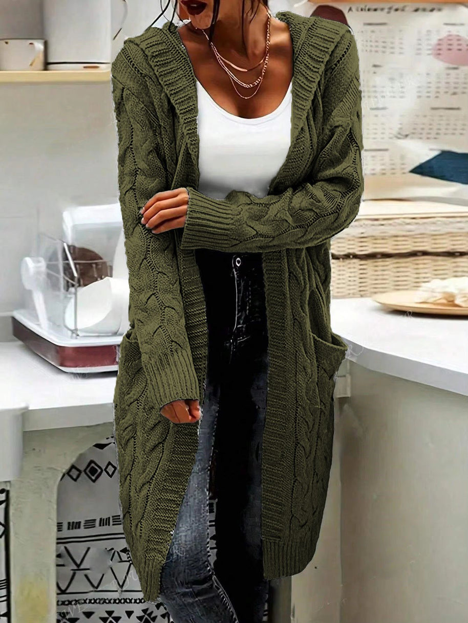 Damen Strickjacke im lässigen Langschnitt mit Zopfmuster und praktischen Taschen WW