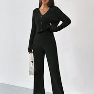 Damen Strick Set mit V-Ausschnitt und weitem Bein WW