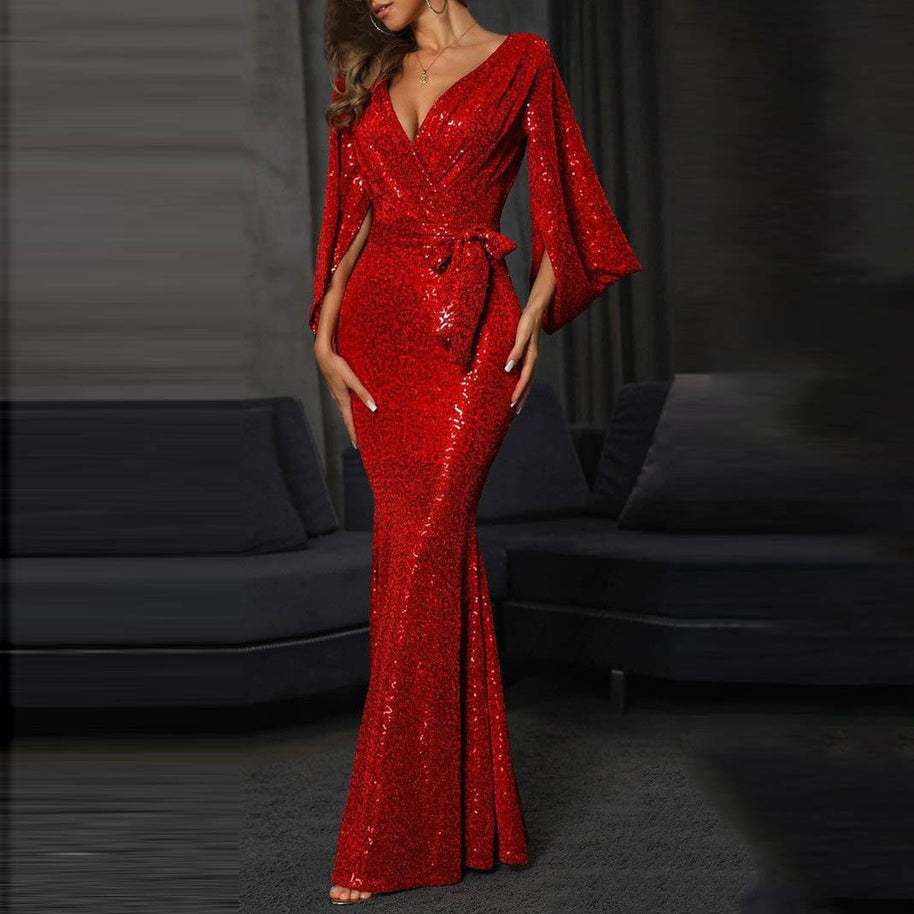Damen glamouröses Pailletten-Abendkleid mit tiefem V-Ausschnitt und eleganten langen Ärmeln WW