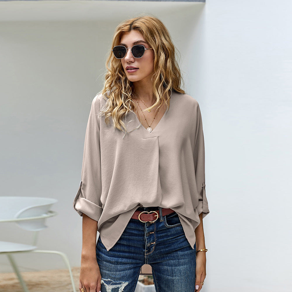 Damen Bluse mit V-Ausschnitt und lässigen langen Ärmeln W&W Mode
