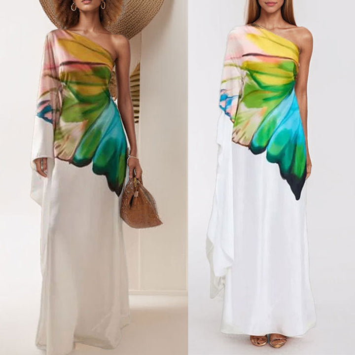Damen Maxikleid mit asymmetrischem Design und künstlerischem Druck W&W Mode