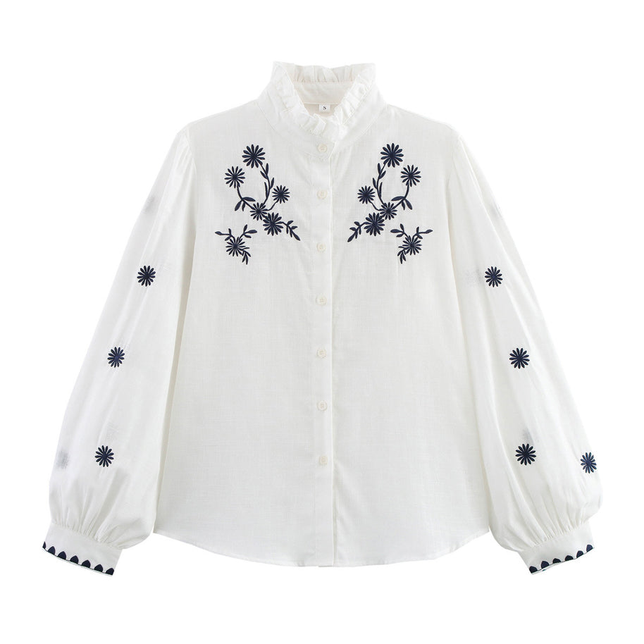 Damen Bestickte Bluse mit Stehkragen und langen Ärmeln WW