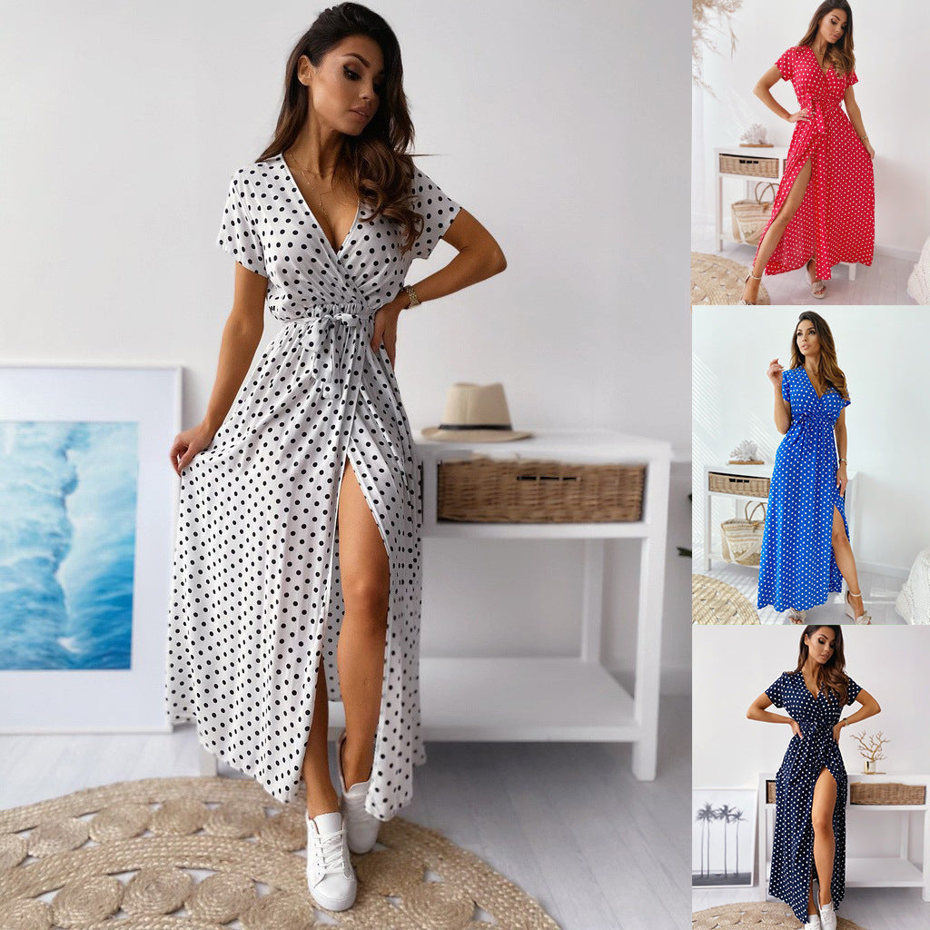 W&W Mode | Gedrucktes Polka-Dot-Band Taille Maxi Kleid