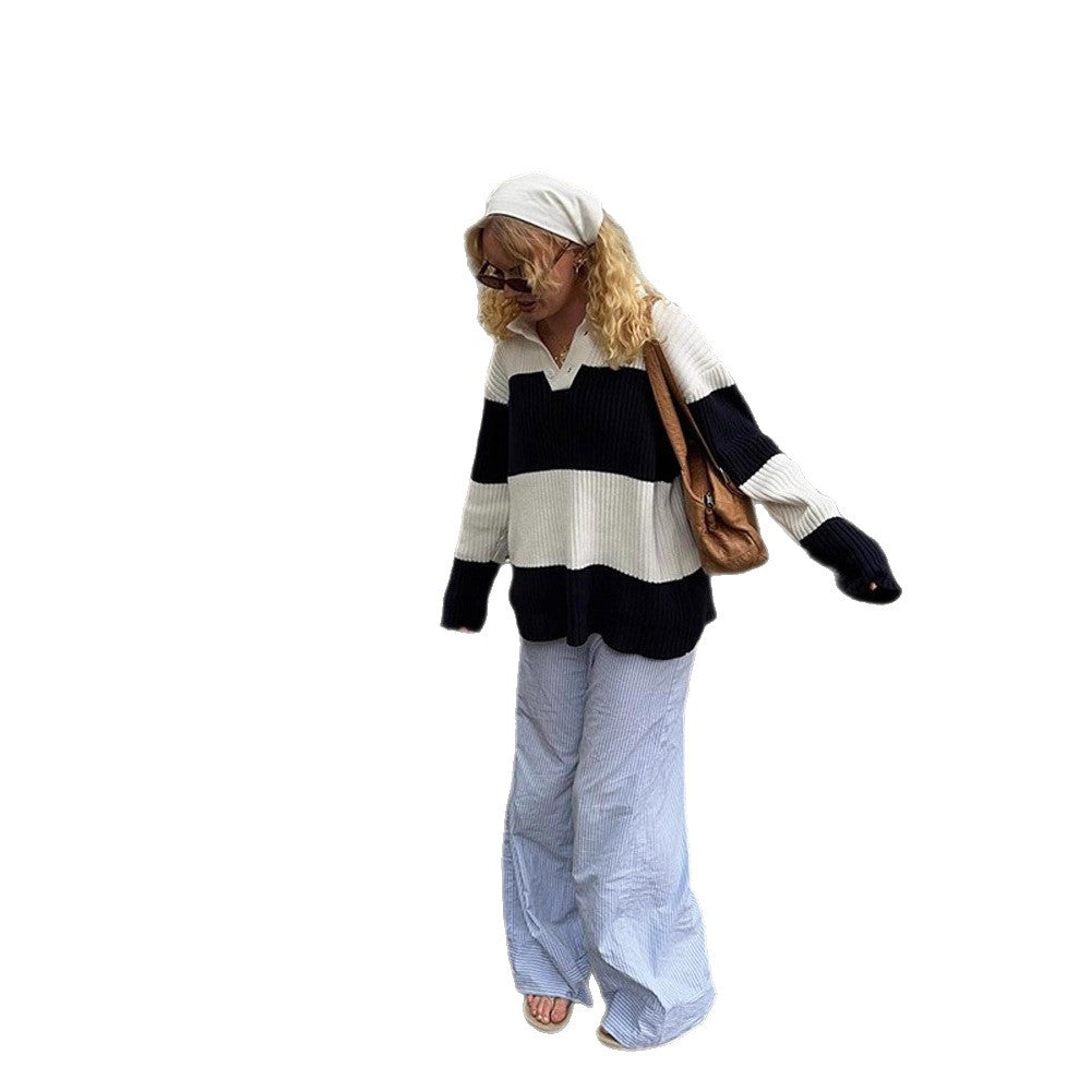 Damen Sportlicher Pullover mit Kragen und Blockstreifen WW