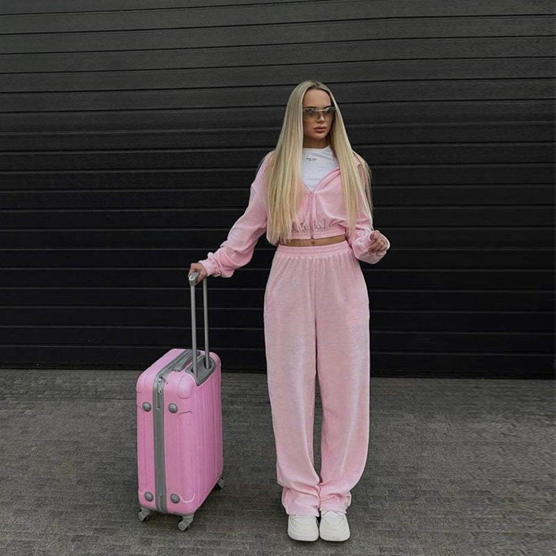 Damen sportliches Velours-Jogginganzug-Set mit lässigem Schnitt und praktischen Taschen WW
