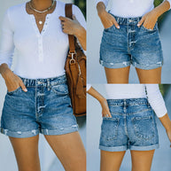 Damen Destroyed Denim-Shorts mit hohem Bund und ausgefranstem Saum WW