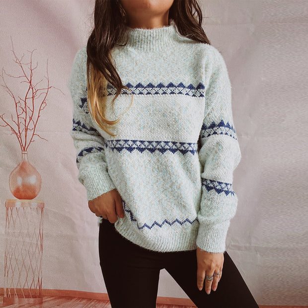 Damen Strickpullover mit geometrischem Muster und hohem Kragen WW