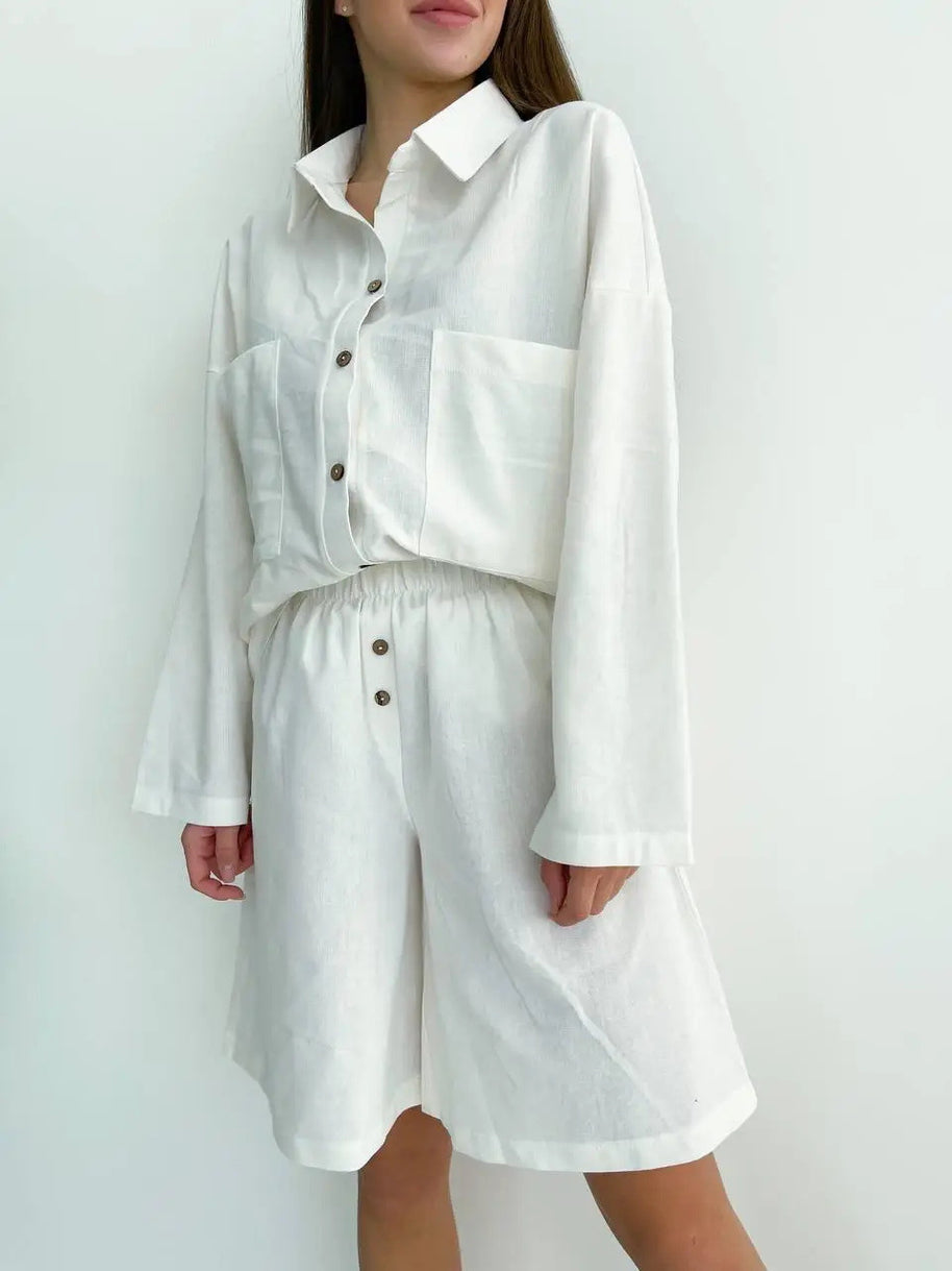 Damen Relaxed Fit Button-Up Shirt und elasticalm Bund Shorts Set WW