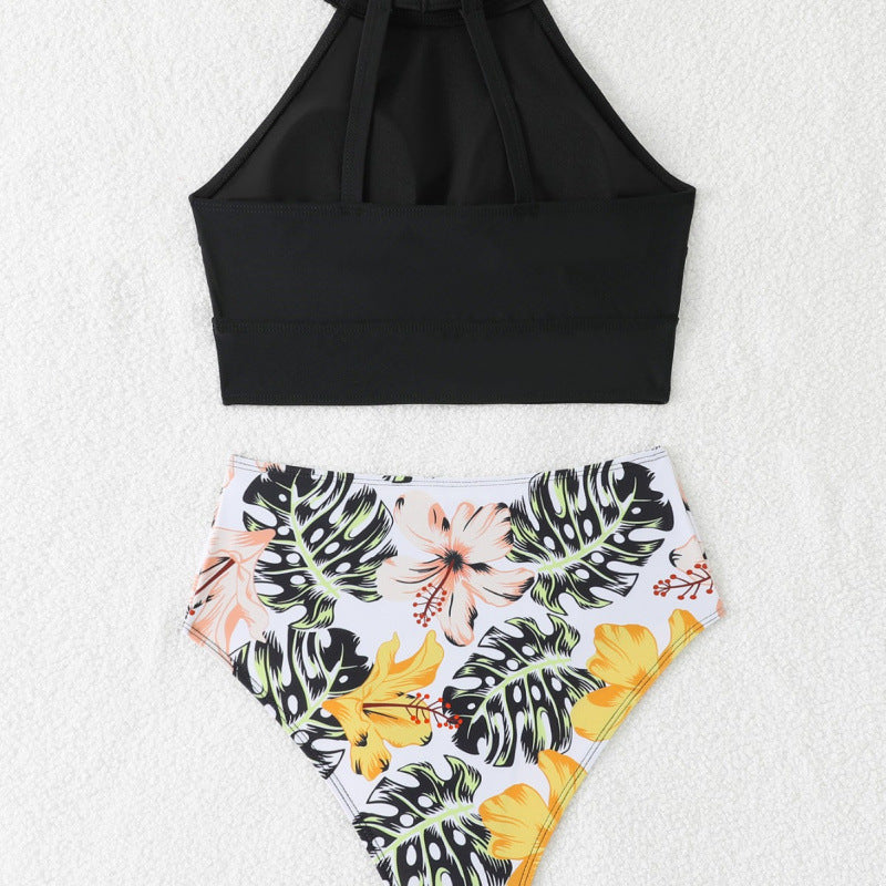 Badeanzug Oberteil mit Hochkragen und floraler Hochschnitt-Hose WW